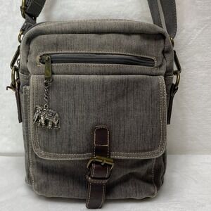 Cargoit Gray Canvas Crossbody Bag Elephant Charm Adjustable Strap Travel‎